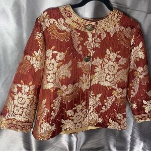 Chico's Damask Red & Gold Embroidered Jaquard Victorian Jacket Size 1/ Medium